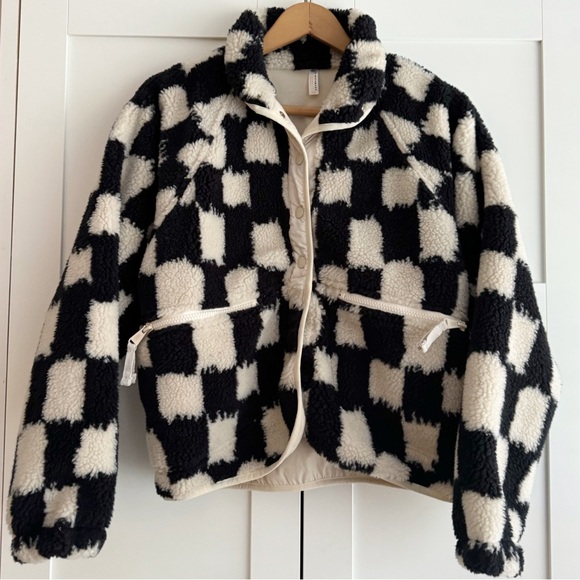 Free People Rocky Ridge / Hit The Slopes Fleece Jacket Black White Ivory Check - Picture 5 of 9
